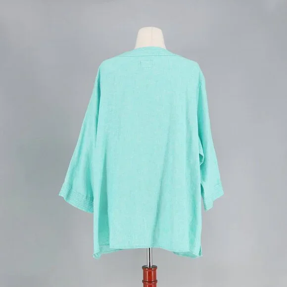 SIGRID OLSEN Linen Blend V-Neck 3/4 Sleeve Tunic Top Aqua Green Size 3X - Picture 4 of 7